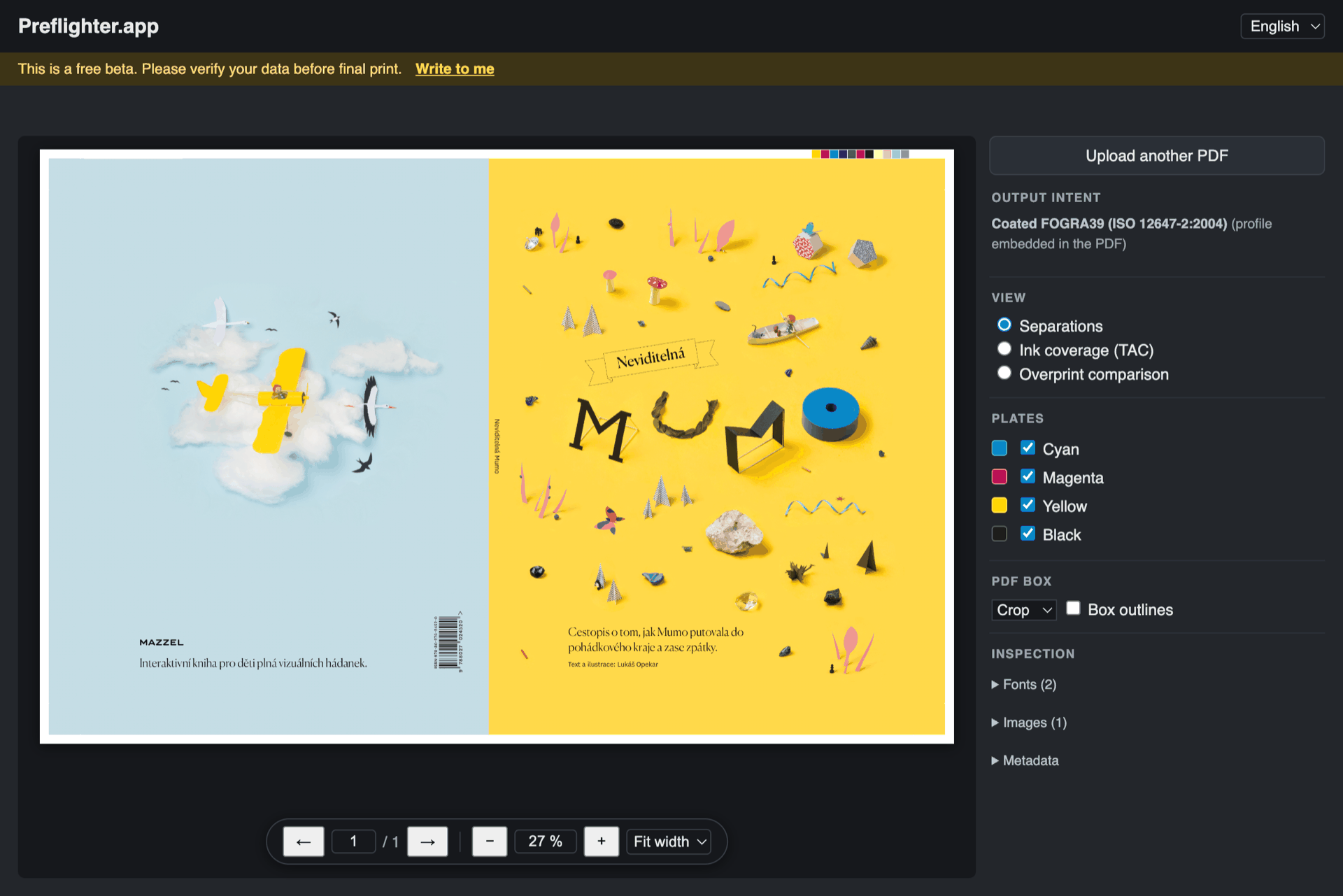 Preflighter.app — PDF preview with CMYK separations, plate panel and FOGRA39 output intent